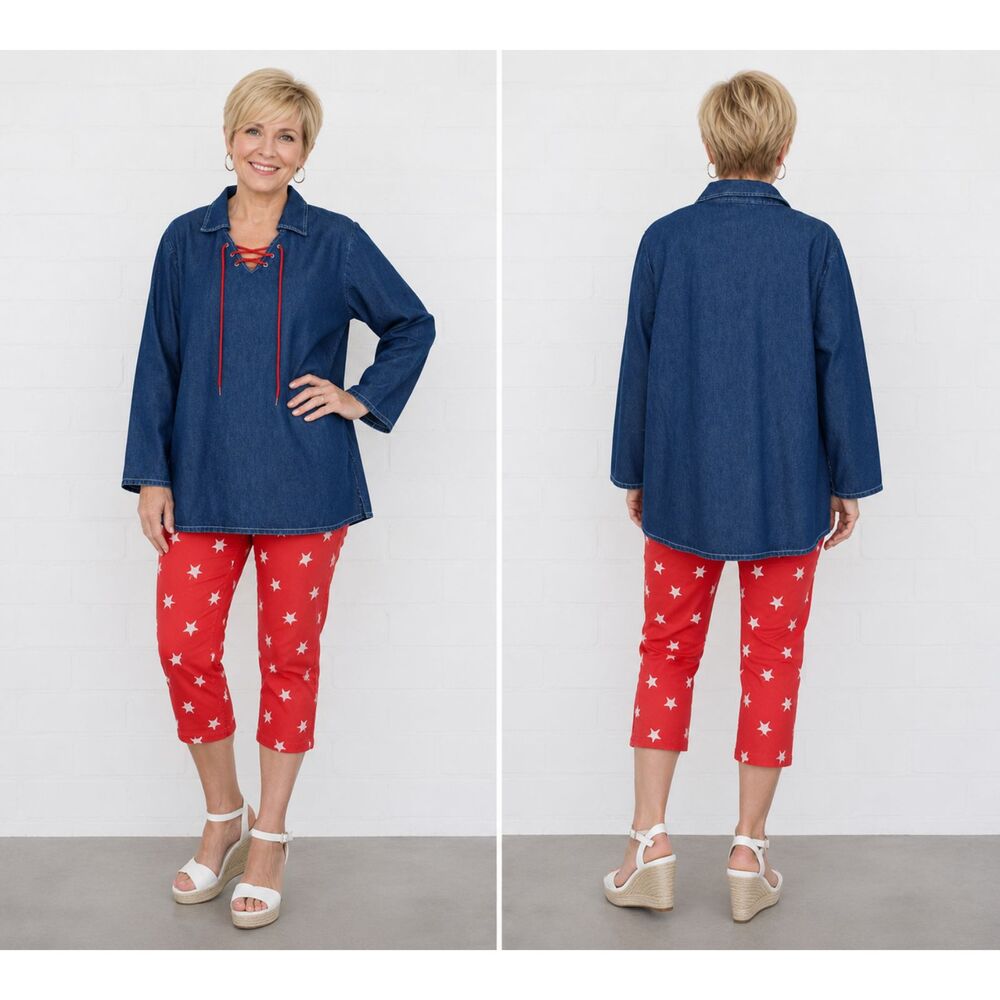 Denim & Co 1X Dark Wash Blue Denim Lace Up Neckline Pullover Tunic Top